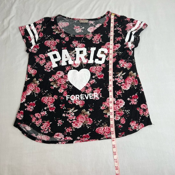 Free Kisses Top Womens Size XL Black Pink Floral Paris Short Sleeve T-shirt - Picture 3 of 4